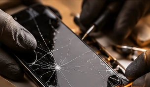 Kırık ekranlı telefonun onarım sırasında yakın görünümü