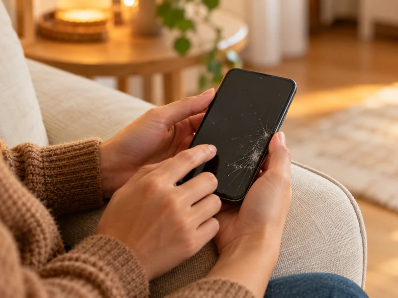 Evde kırık ekranlı telefonu kontrol eden eller